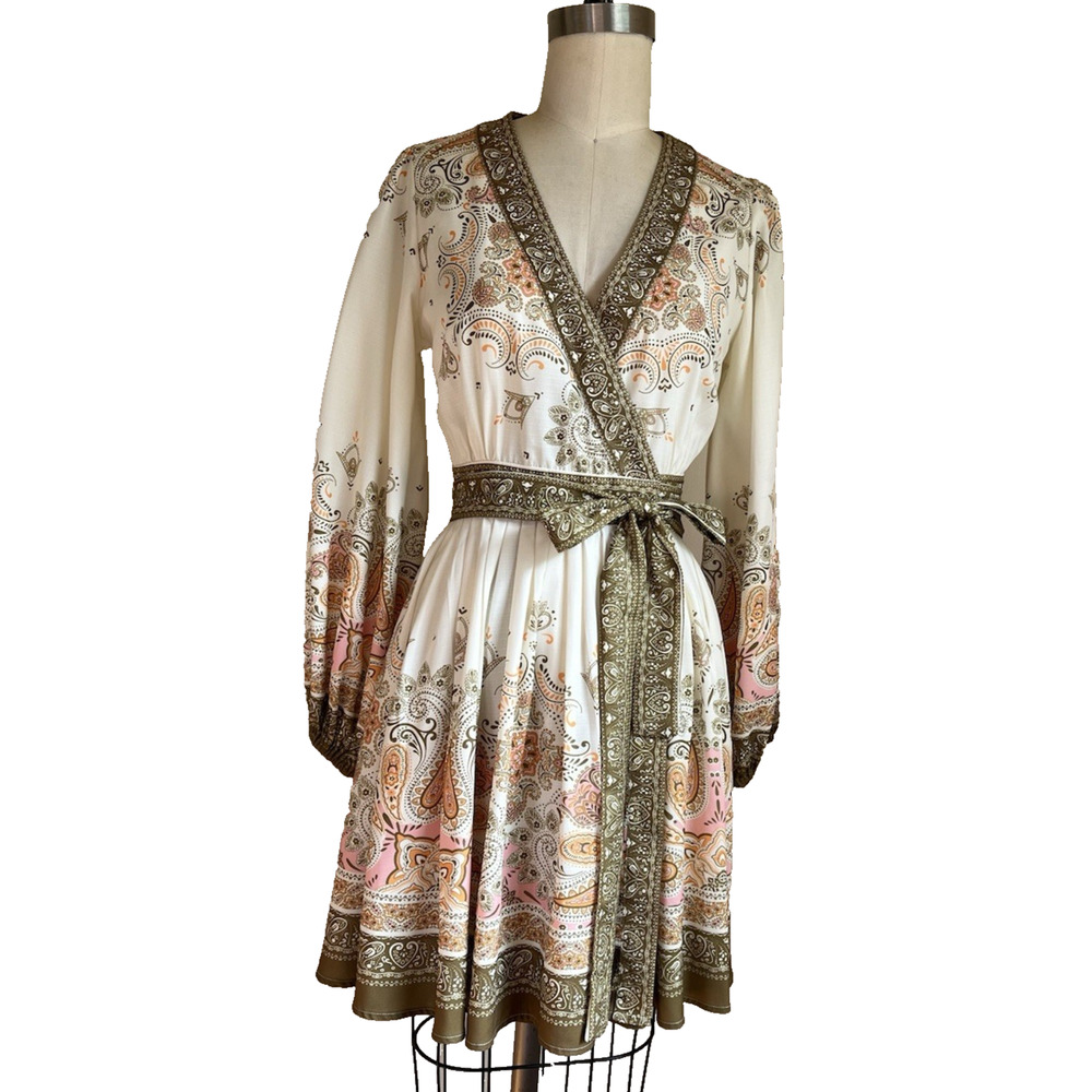 Luxe L Paisley Boho True Wrap Dress Belted Flowy Mini Coquette Romantic Fairy